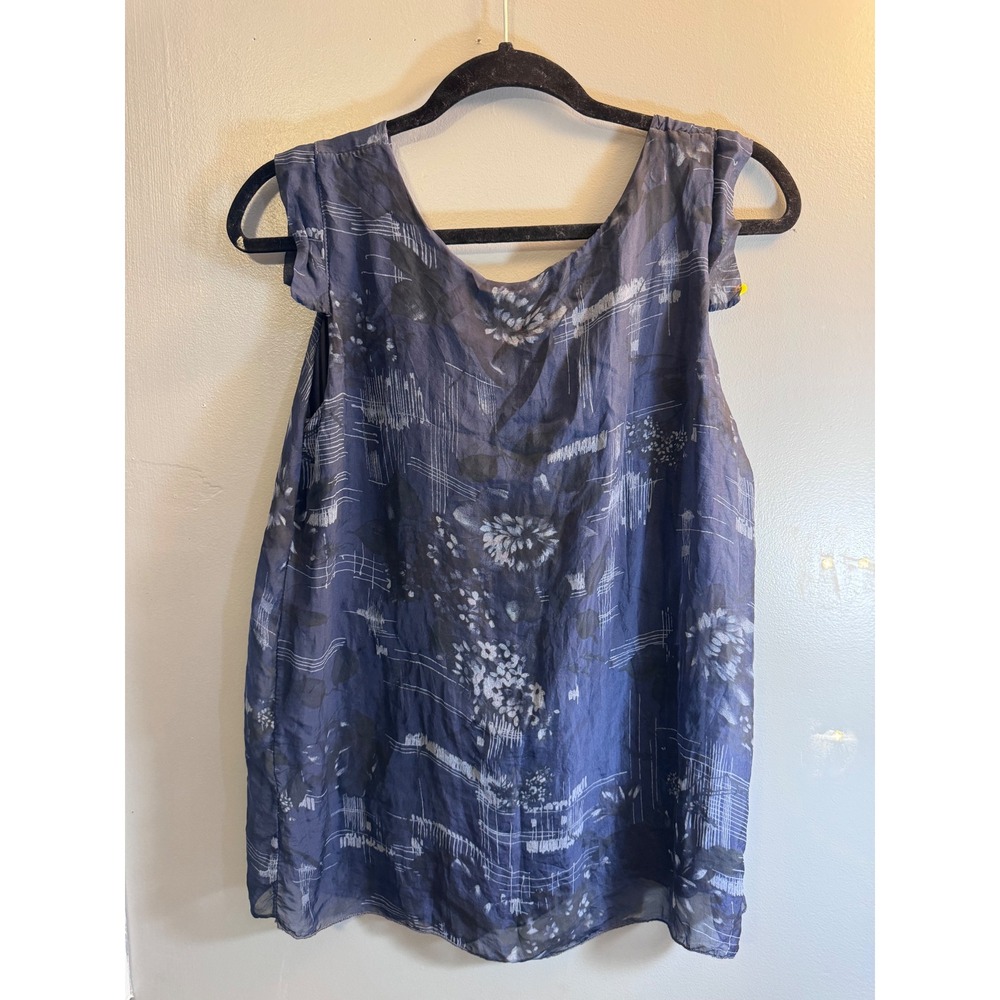 Carla Conti Italy‎ Navy Blue 100% Silk Floral Abstract Shell Ruffle Blouse M